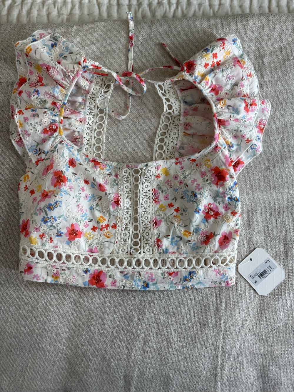 Altar'd State Floral Lace-Trim White Crop Top with Ruffle Sleeves